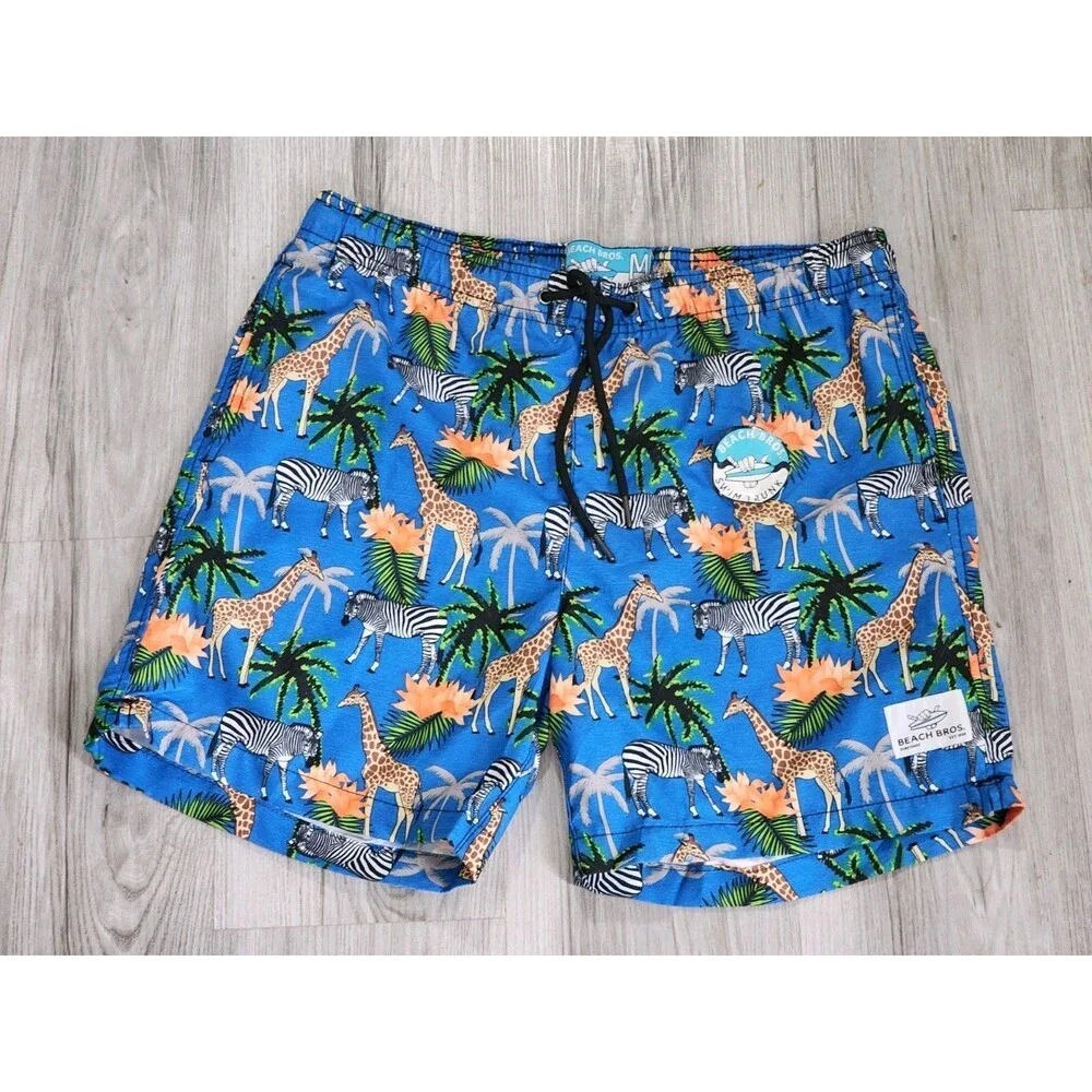 Men’s Beach Bros Safari Animals Palm trees Swim Trunks Size M 6